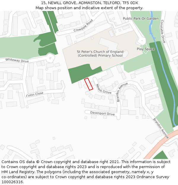 15, NEWILL GROVE, ADMASTON, TELFORD, TF5 0DX: Location map and indicative extent of plot