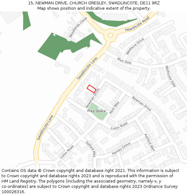 15, NEWMAN DRIVE, CHURCH GRESLEY, SWADLINCOTE, DE11 9RZ: Location map and indicative extent of plot