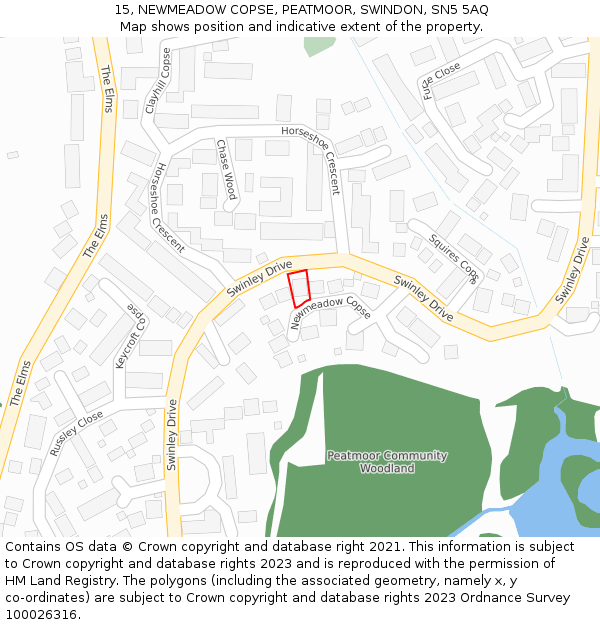 15, NEWMEADOW COPSE, PEATMOOR, SWINDON, SN5 5AQ: Location map and indicative extent of plot