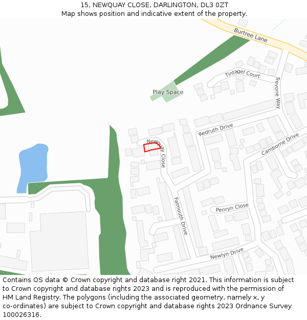 15, NEWQUAY CLOSE, DARLINGTON, DL3 0ZT: Location map and indicative extent of plot