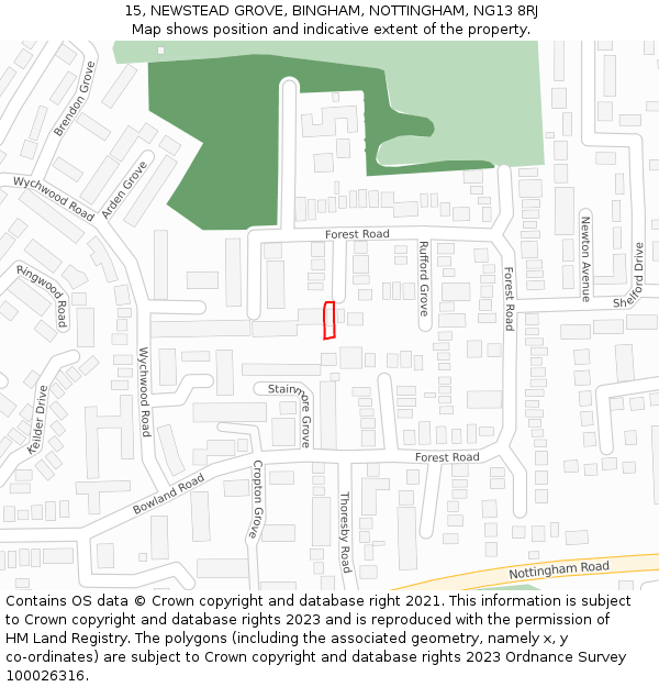 15, NEWSTEAD GROVE, BINGHAM, NOTTINGHAM, NG13 8RJ: Location map and indicative extent of plot