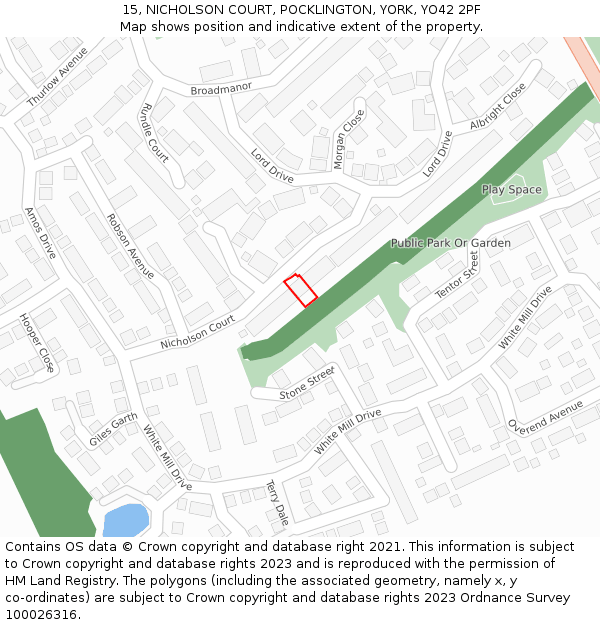 15, NICHOLSON COURT, POCKLINGTON, YORK, YO42 2PF: Location map and indicative extent of plot