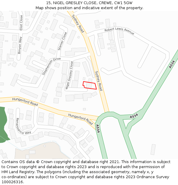 15, NIGEL GRESLEY CLOSE, CREWE, CW1 5GW: Location map and indicative extent of plot