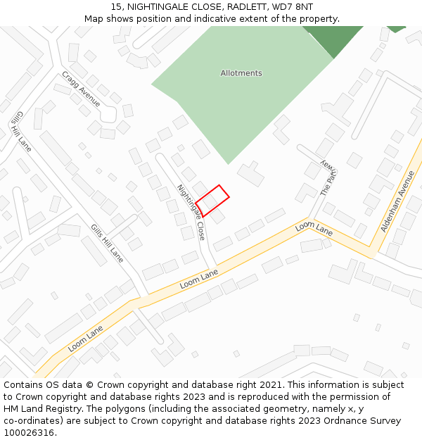 15, NIGHTINGALE CLOSE, RADLETT, WD7 8NT: Location map and indicative extent of plot