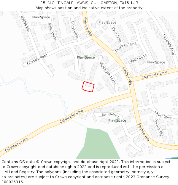 15, NIGHTINGALE LAWNS, CULLOMPTON, EX15 1UB: Location map and indicative extent of plot