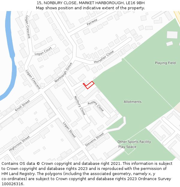 15, NORBURY CLOSE, MARKET HARBOROUGH, LE16 9BH: Location map and indicative extent of plot