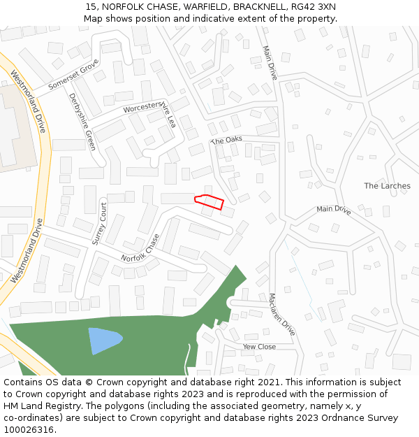 15, NORFOLK CHASE, WARFIELD, BRACKNELL, RG42 3XN: Location map and indicative extent of plot