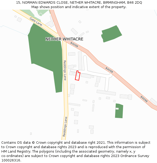 15, NORMAN EDWARDS CLOSE, NETHER WHITACRE, BIRMINGHAM, B46 2DQ: Location map and indicative extent of plot