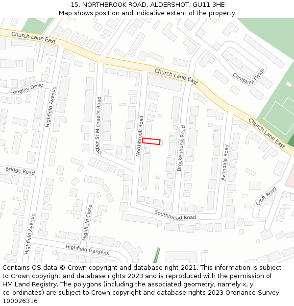 15, NORTHBROOK ROAD, ALDERSHOT, GU11 3HE: Location map and indicative extent of plot