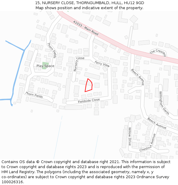15, NURSERY CLOSE, THORNGUMBALD, HULL, HU12 9GD: Location map and indicative extent of plot