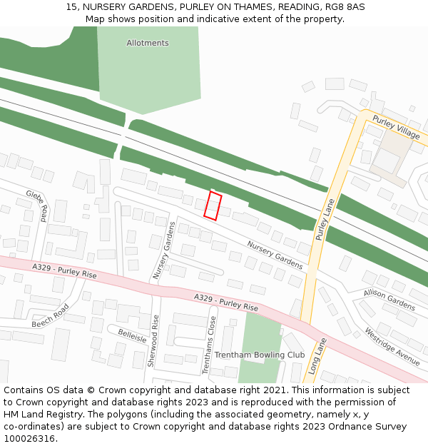 15, NURSERY GARDENS, PURLEY ON THAMES, READING, RG8 8AS: Location map and indicative extent of plot