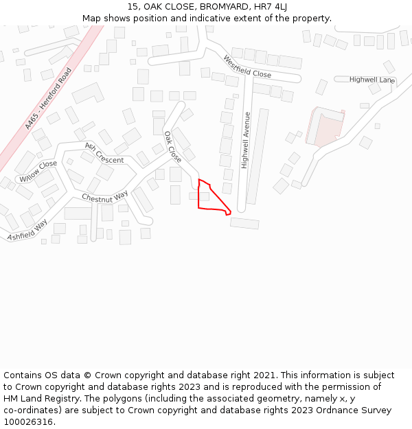 15, OAK CLOSE, BROMYARD, HR7 4LJ: Location map and indicative extent of plot