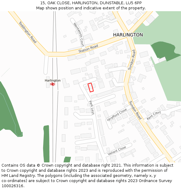 15, OAK CLOSE, HARLINGTON, DUNSTABLE, LU5 6PP: Location map and indicative extent of plot
