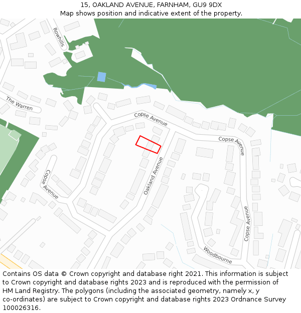 15, OAKLAND AVENUE, FARNHAM, GU9 9DX: Location map and indicative extent of plot