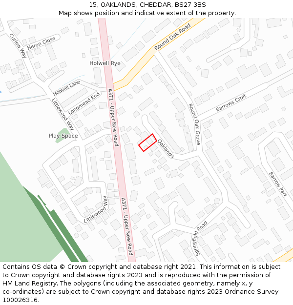 15, OAKLANDS, CHEDDAR, BS27 3BS: Location map and indicative extent of plot