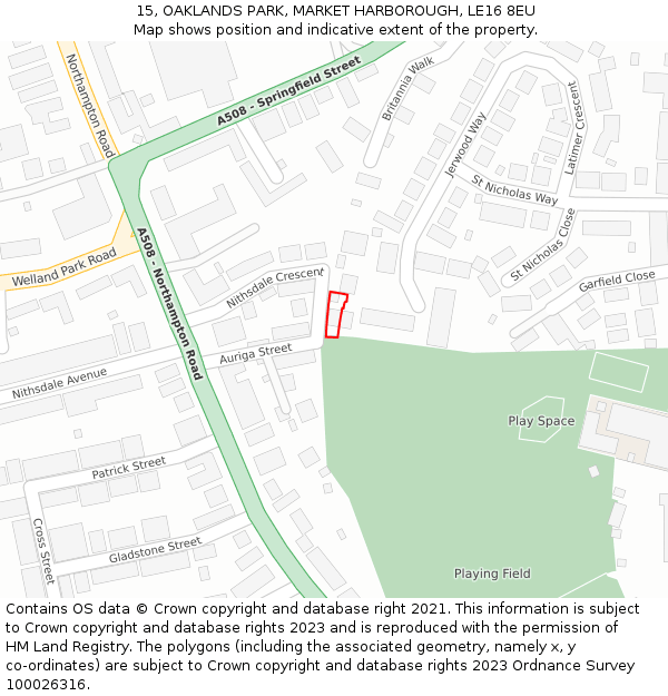 15, OAKLANDS PARK, MARKET HARBOROUGH, LE16 8EU: Location map and indicative extent of plot