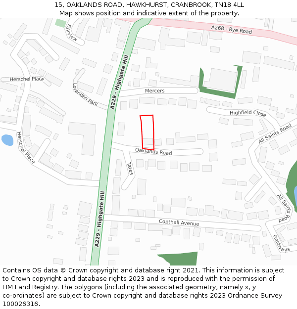 15, OAKLANDS ROAD, HAWKHURST, CRANBROOK, TN18 4LL: Location map and indicative extent of plot