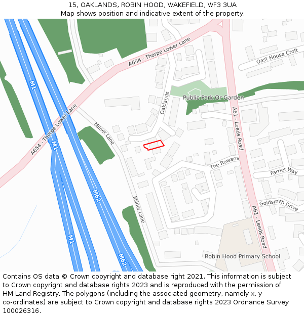 15, OAKLANDS, ROBIN HOOD, WAKEFIELD, WF3 3UA: Location map and indicative extent of plot