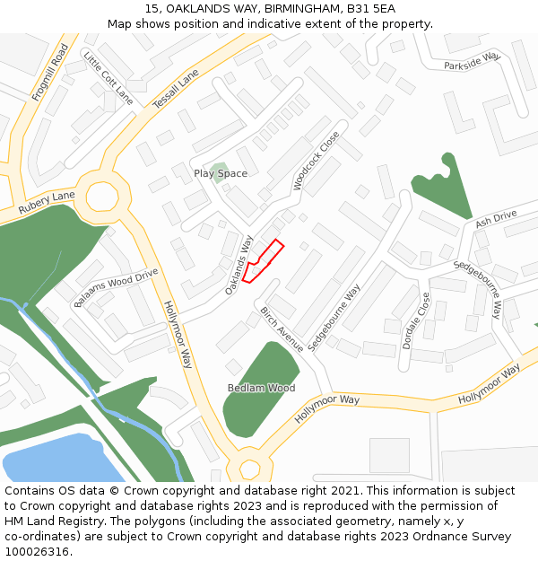 15, OAKLANDS WAY, BIRMINGHAM, B31 5EA: Location map and indicative extent of plot