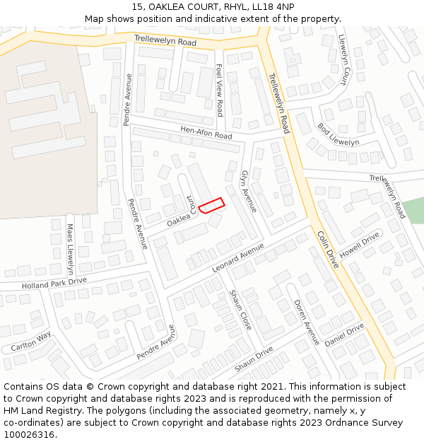 15, OAKLEA COURT, RHYL, LL18 4NP: Location map and indicative extent of plot