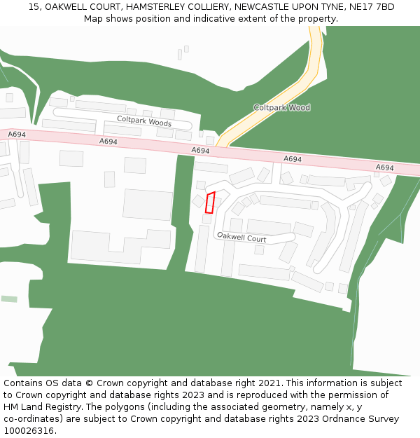 15, OAKWELL COURT, HAMSTERLEY COLLIERY, NEWCASTLE UPON TYNE, NE17 7BD: Location map and indicative extent of plot