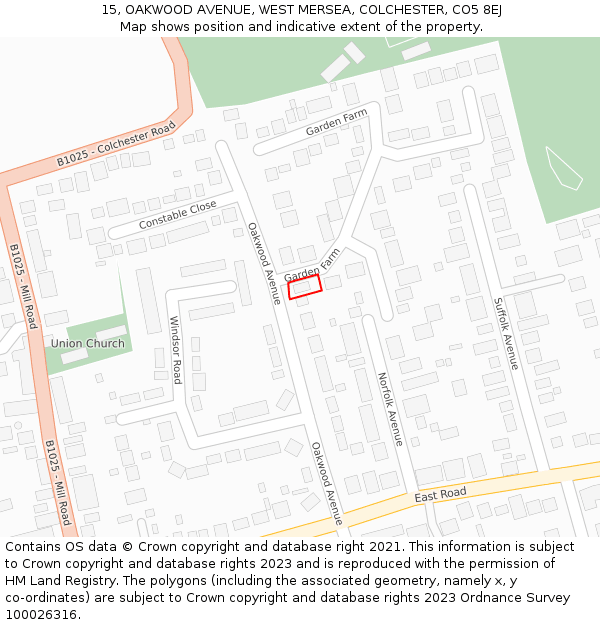 15, OAKWOOD AVENUE, WEST MERSEA, COLCHESTER, CO5 8EJ: Location map and indicative extent of plot