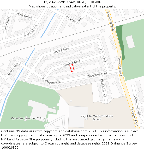 15, OAKWOOD ROAD, RHYL, LL18 4BH: Location map and indicative extent of plot