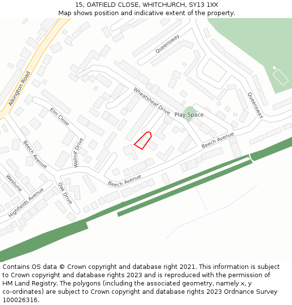 15, OATFIELD CLOSE, WHITCHURCH, SY13 1XX: Location map and indicative extent of plot