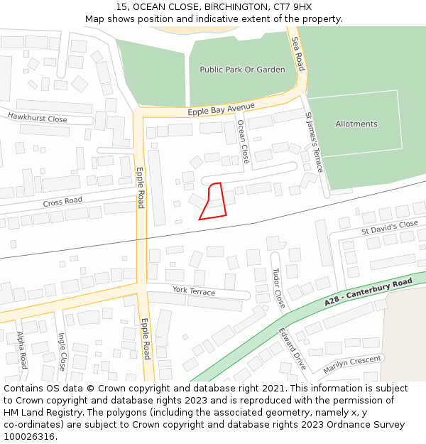 15, OCEAN CLOSE, BIRCHINGTON, CT7 9HX: Location map and indicative extent of plot