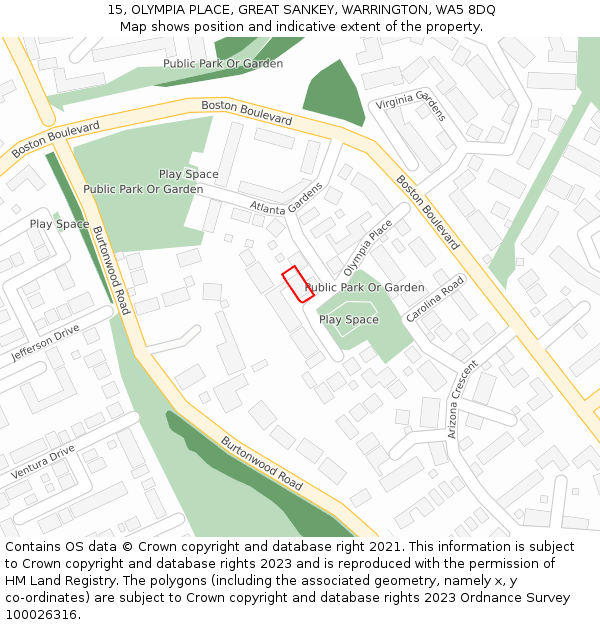 15, OLYMPIA PLACE, GREAT SANKEY, WARRINGTON, WA5 8DQ: Location map and indicative extent of plot