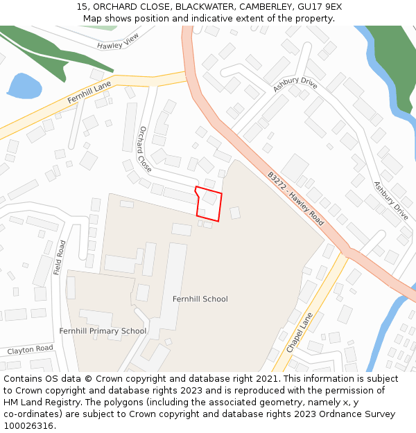 15, ORCHARD CLOSE, BLACKWATER, CAMBERLEY, GU17 9EX: Location map and indicative extent of plot