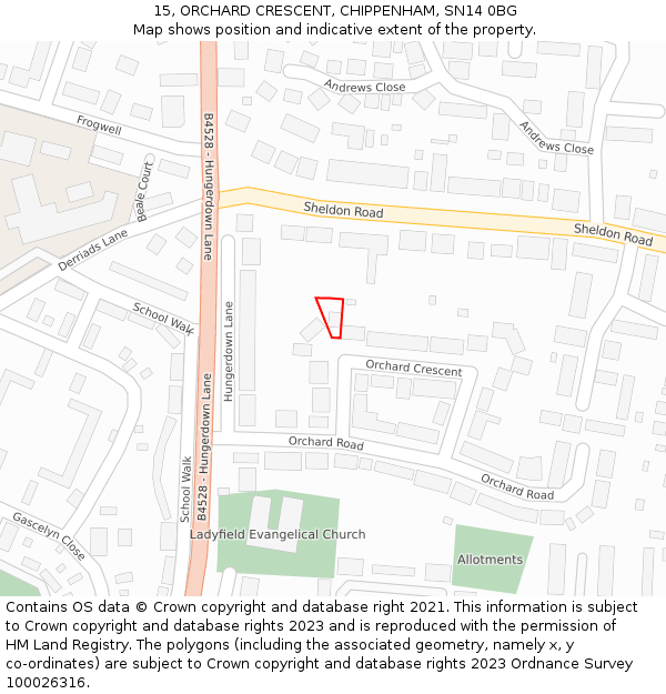 15, ORCHARD CRESCENT, CHIPPENHAM, SN14 0BG: Location map and indicative extent of plot