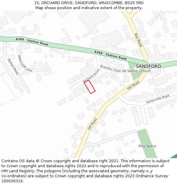 15, ORCHARD DRIVE, SANDFORD, WINSCOMBE, BS25 5RD: Location map and indicative extent of plot