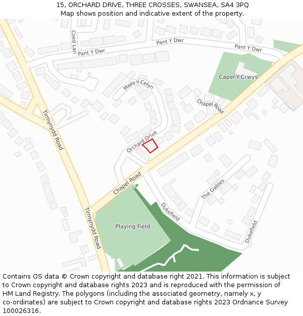 15, ORCHARD DRIVE, THREE CROSSES, SWANSEA, SA4 3PQ: Location map and indicative extent of plot
