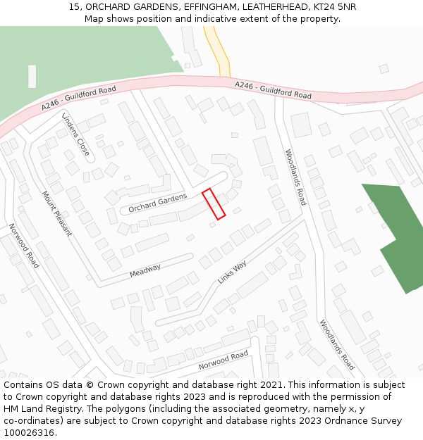 15, ORCHARD GARDENS, EFFINGHAM, LEATHERHEAD, KT24 5NR: Location map and indicative extent of plot