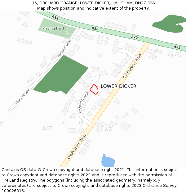 15, ORCHARD GRANGE, LOWER DICKER, HAILSHAM, BN27 3PA: Location map and indicative extent of plot