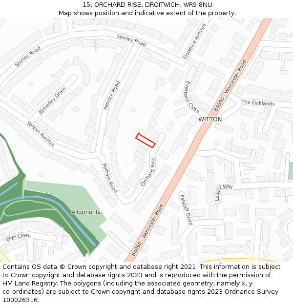 15, ORCHARD RISE, DROITWICH, WR9 8NU: Location map and indicative extent of plot