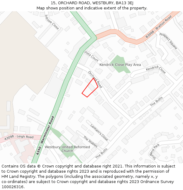 15, ORCHARD ROAD, WESTBURY, BA13 3EJ: Location map and indicative extent of plot