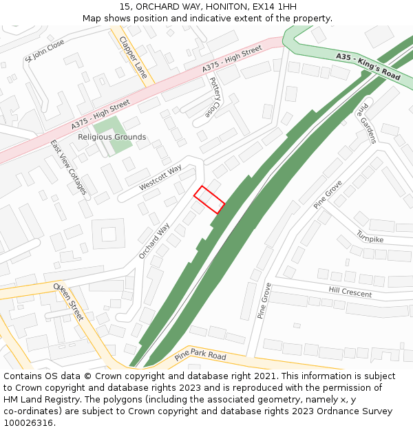 15, ORCHARD WAY, HONITON, EX14 1HH: Location map and indicative extent of plot