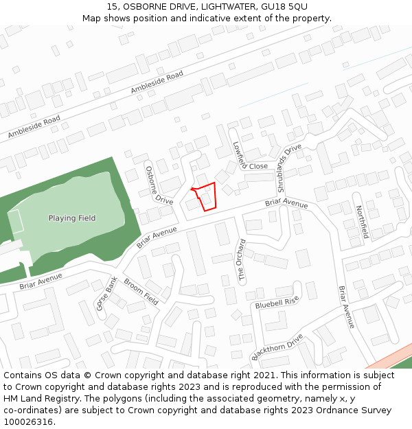 15, OSBORNE DRIVE, LIGHTWATER, GU18 5QU: Location map and indicative extent of plot