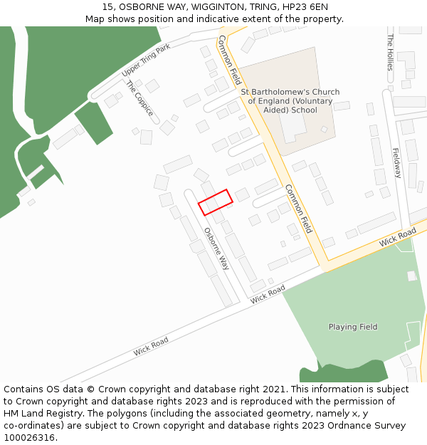 15, OSBORNE WAY, WIGGINTON, TRING, HP23 6EN: Location map and indicative extent of plot