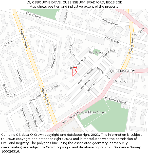 15, OSBOURNE DRIVE, QUEENSBURY, BRADFORD, BD13 2GD: Location map and indicative extent of plot