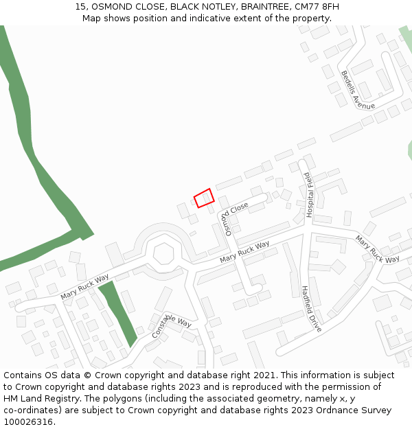 15, OSMOND CLOSE, BLACK NOTLEY, BRAINTREE, CM77 8FH: Location map and indicative extent of plot