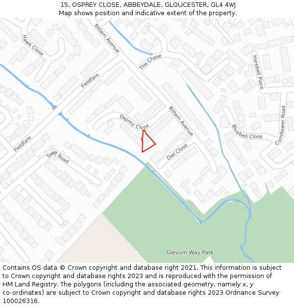 15, OSPREY CLOSE, ABBEYDALE, GLOUCESTER, GL4 4WJ: Location map and indicative extent of plot