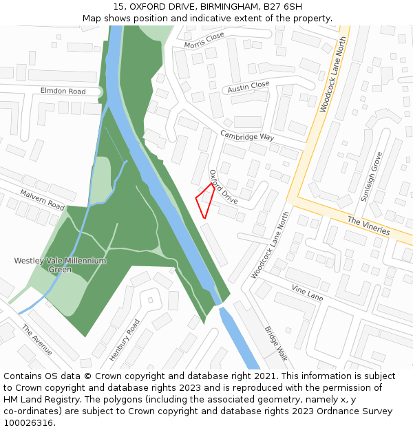 15, OXFORD DRIVE, BIRMINGHAM, B27 6SH: Location map and indicative extent of plot