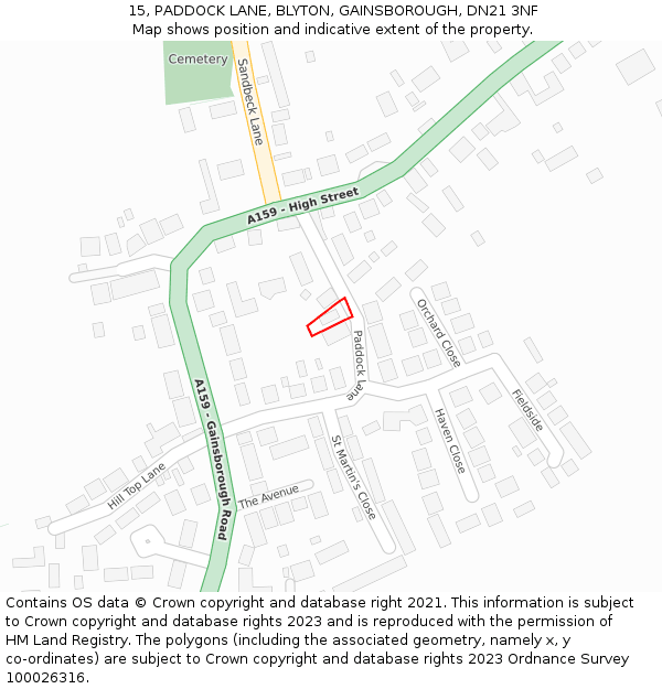 15, PADDOCK LANE, BLYTON, GAINSBOROUGH, DN21 3NF: Location map and indicative extent of plot