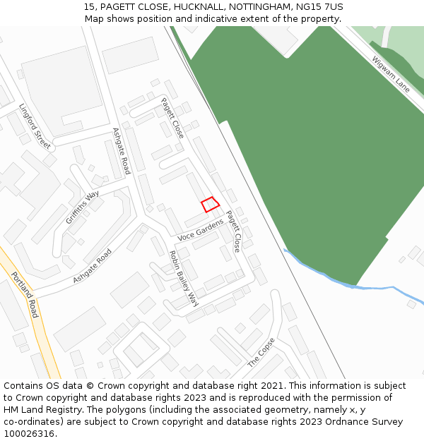 15, PAGETT CLOSE, HUCKNALL, NOTTINGHAM, NG15 7US: Location map and indicative extent of plot