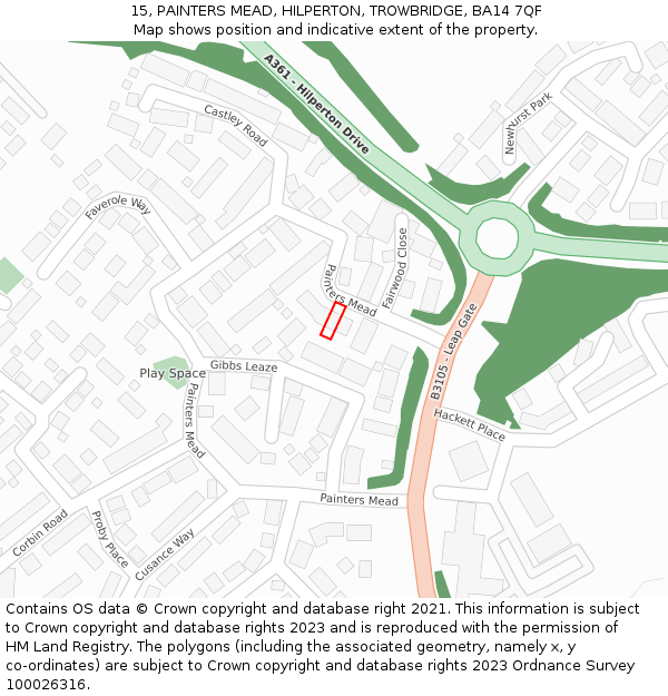 15, PAINTERS MEAD, HILPERTON, TROWBRIDGE, BA14 7QF: Location map and indicative extent of plot