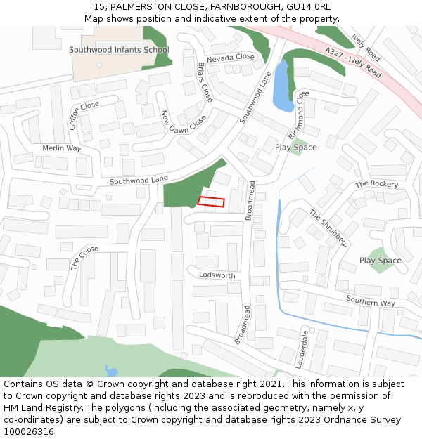 15, PALMERSTON CLOSE, FARNBOROUGH, GU14 0RL: Location map and indicative extent of plot