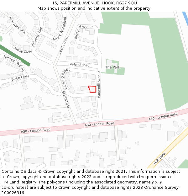 15, PAPERMILL AVENUE, HOOK, RG27 9QU: Location map and indicative extent of plot